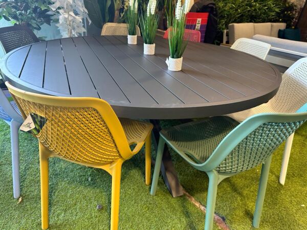 נופר שולחן אלומיניום לגינה עגול קוטר 170 ס"מ דגם סנטוריני + 6 כיסאות פריד